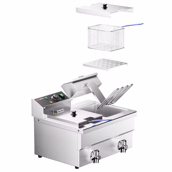 Boule de beurre, dinde, pomme de terre, chips, poisson, comptoir/table intérieur Presto industriel, commercial grande friteuse électrique à double réservoir avec filtration d'huile et panier